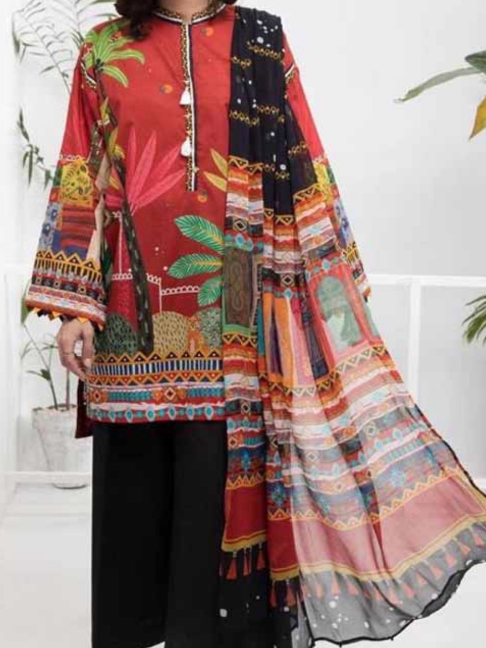 Sapphire Red Printed Kurti with Multicolor Dupatta